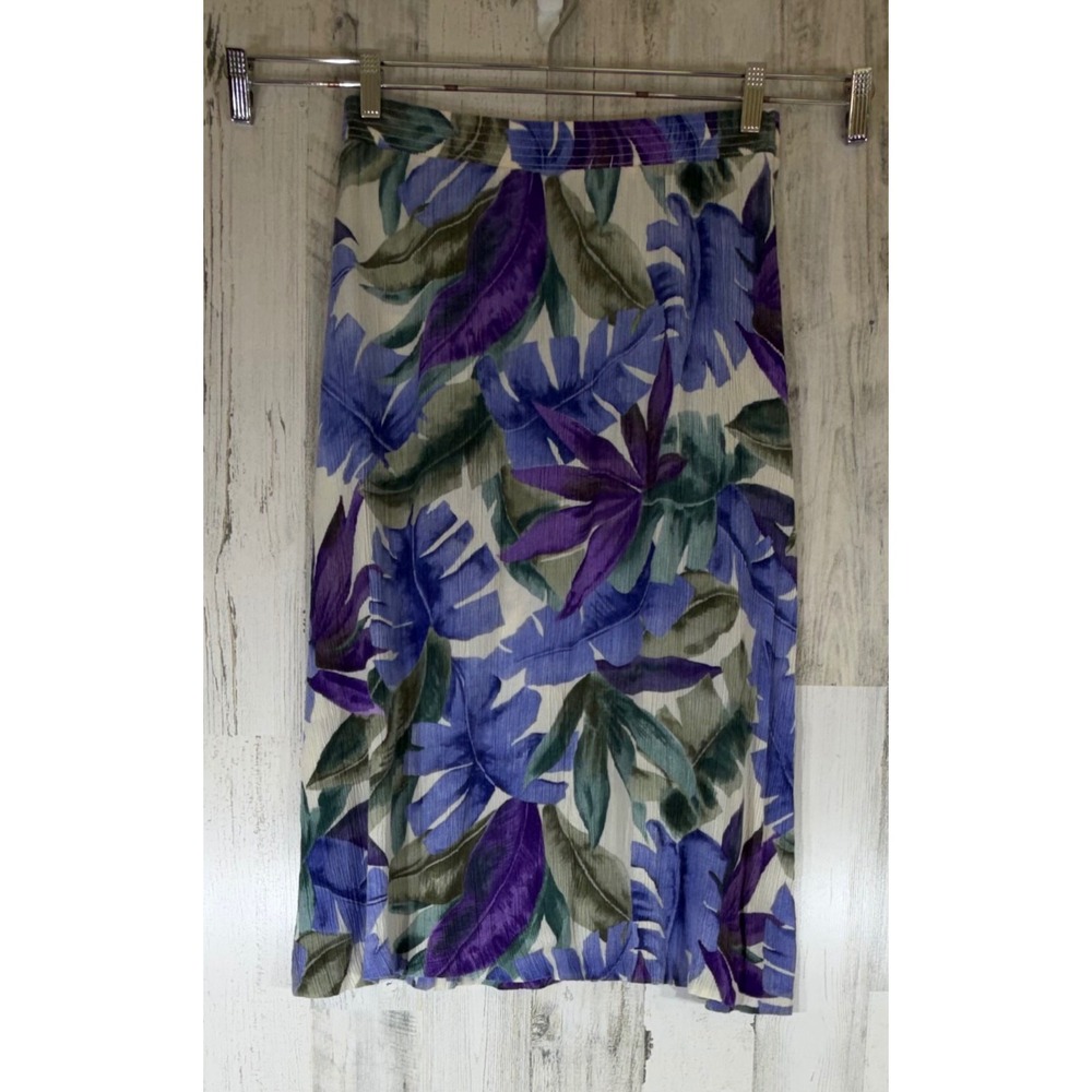 Russ Vintage Midi Crinkle Skirt 16 Purple Tropical Leaf Floral 90s Made in USA
